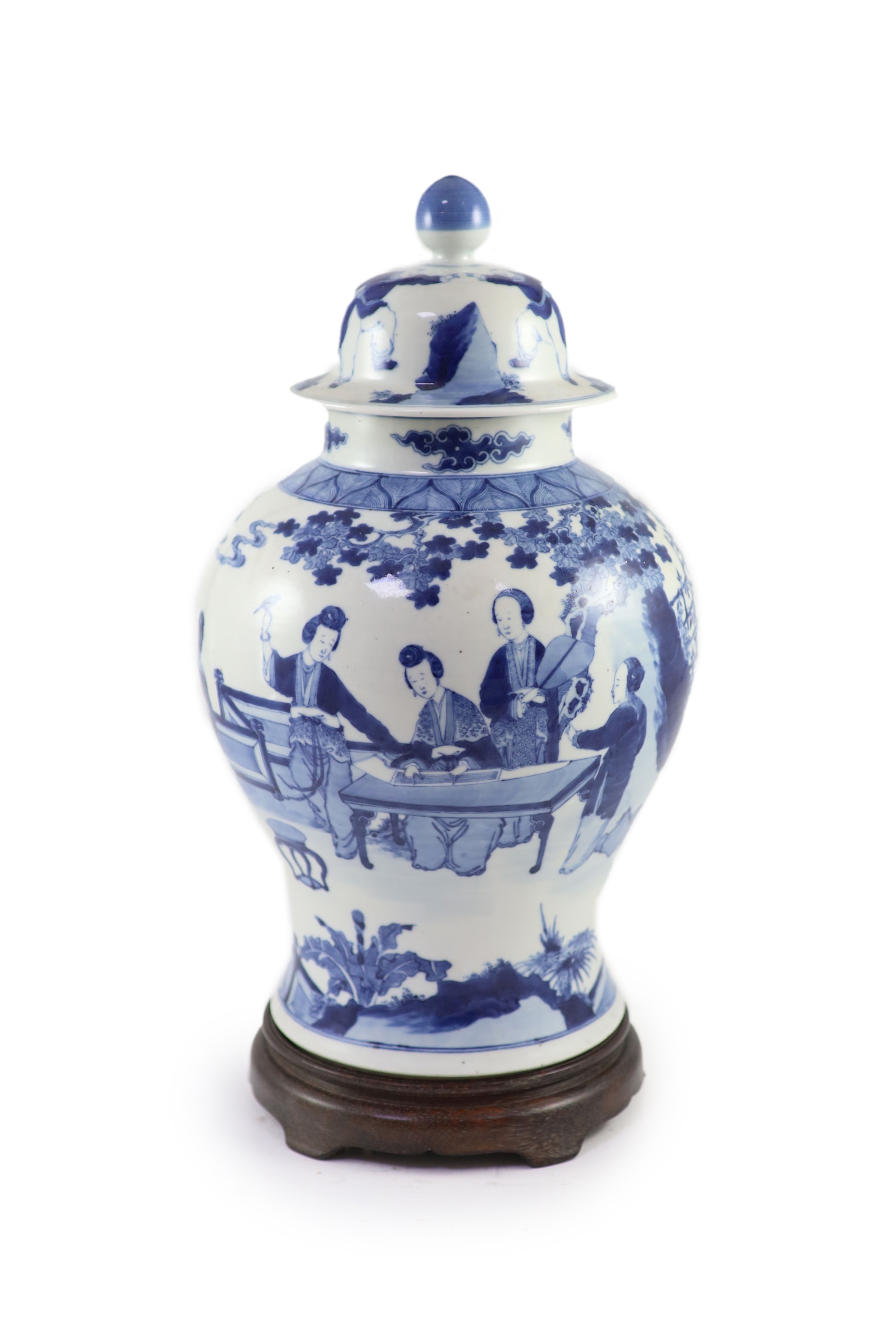 A large Chinese blue and white ‘ladies’ vase, Kangxi mark, 19th century, 44cm high, wood stand